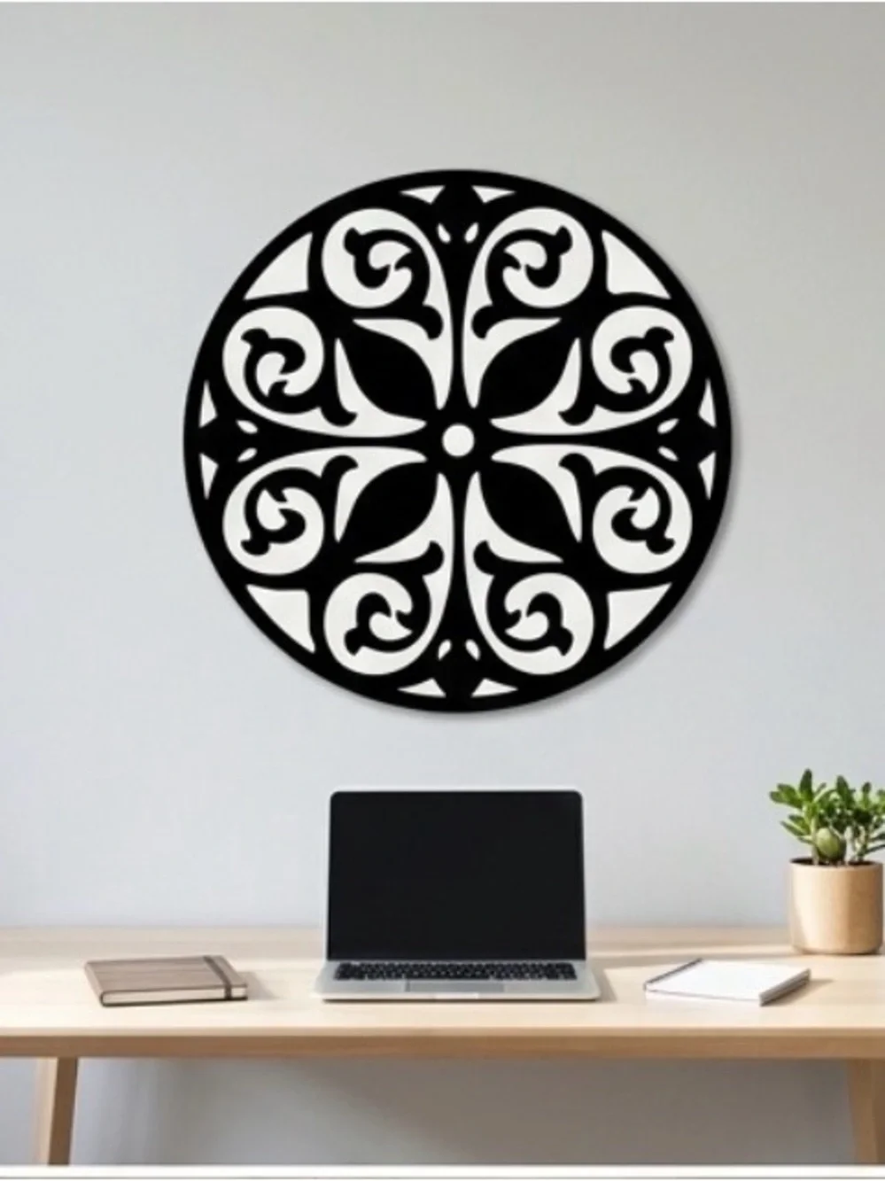 Ornate Round Black Wall Medallion - Decorative Scroll Accent